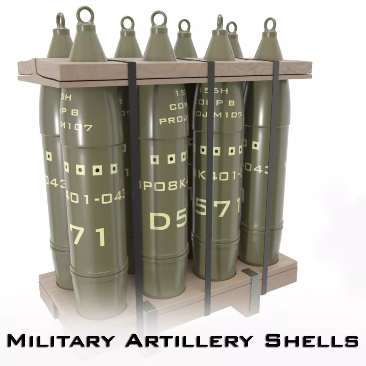 Military Artillery Shells 155mm in Transport Pallet Low-poly 3D model_0