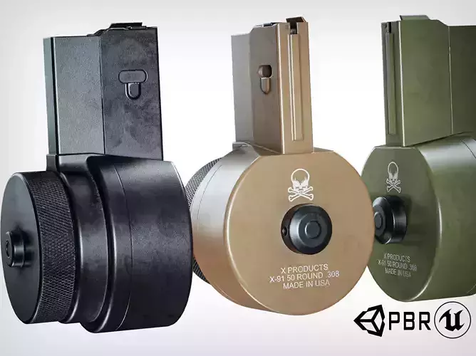 X Products X-91 50 Round Drum Magazine AR Low-poly 3D model