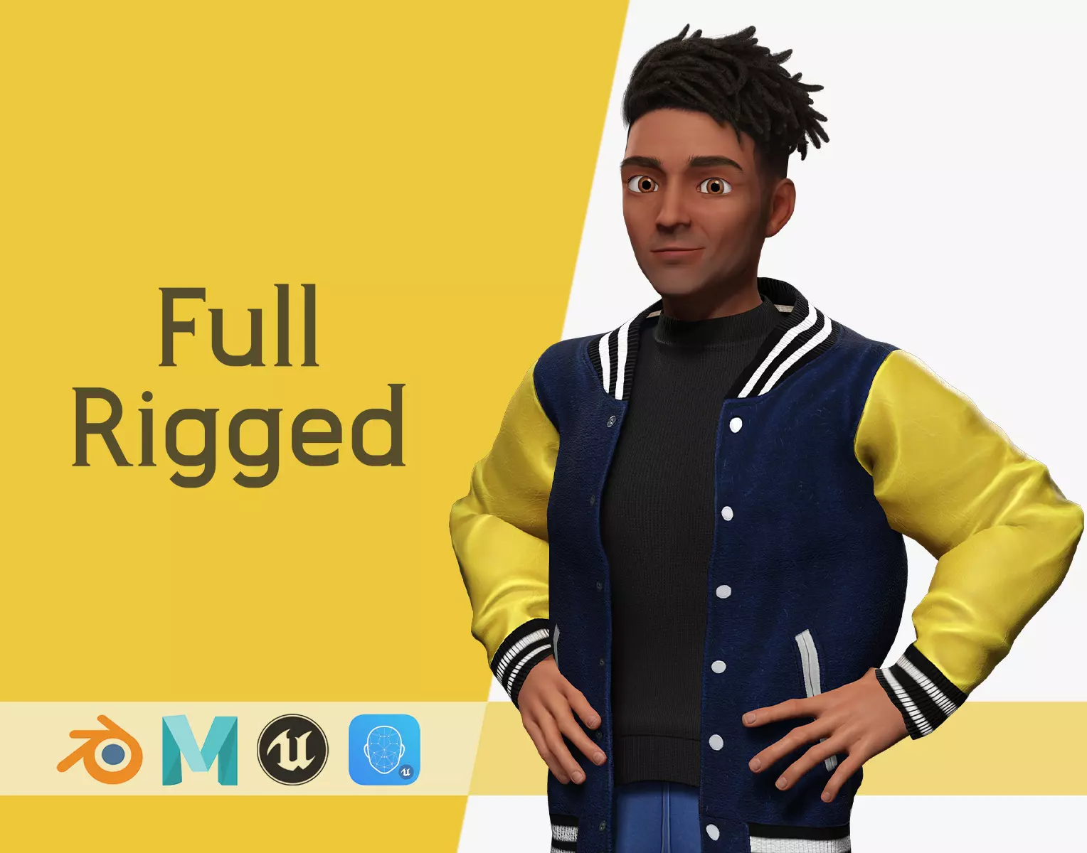 Varsity Jacket Rigged Stylized Toon 3D Male Character Low-poly 3D model_0