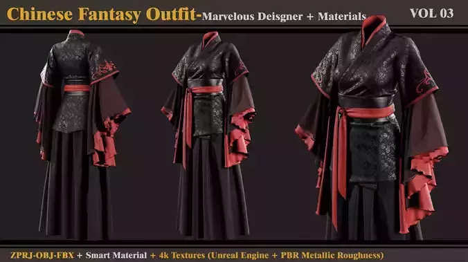 Chinese Fantasy Outfit-MD-Clo3d-Smart Material- Textures-OBJ-FBX