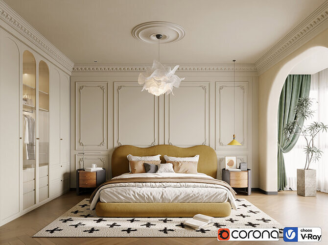 Creamy French Modern Bedroom 006 3D model