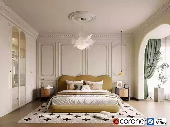 Creamy French Modern Bedroom 006 3D model