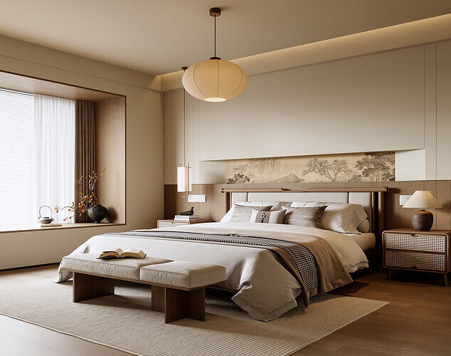 Modern Oriental Bedroom with Zen Style Bed 007 3D model
