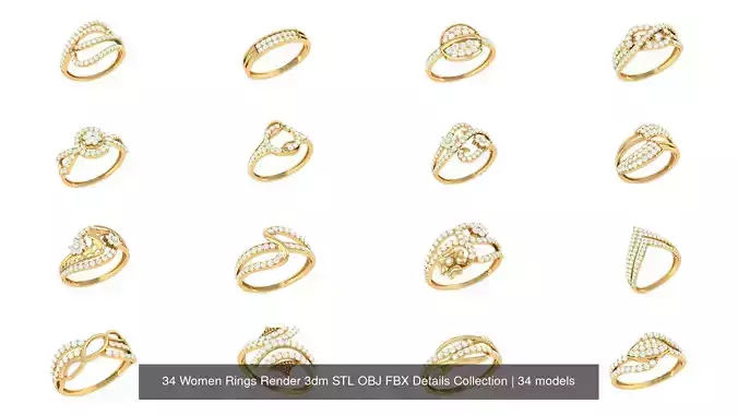 34 Women Rings Render 3dm STL OBJ FBX Details Collection