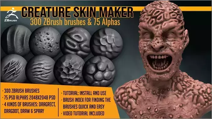 Creature Skin Maker 300 ZBrush brushes and 75 alphas