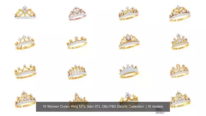 15 Women Crown Ring MTL 3dm STL OBJ FBX Details Collection 