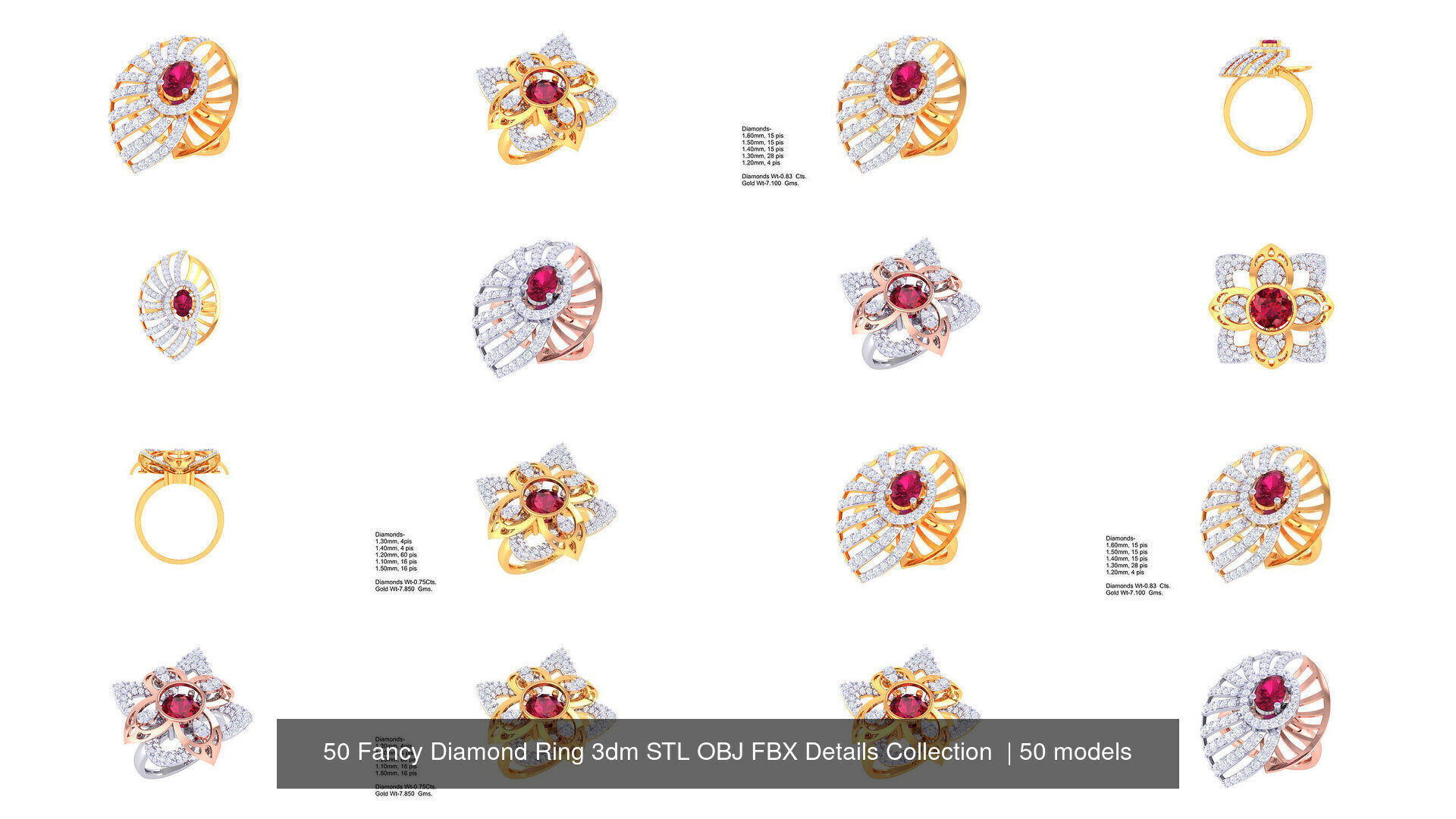 50 Fancy Diamond Ring 3dm STL OBJ FBX Details Collection  _6