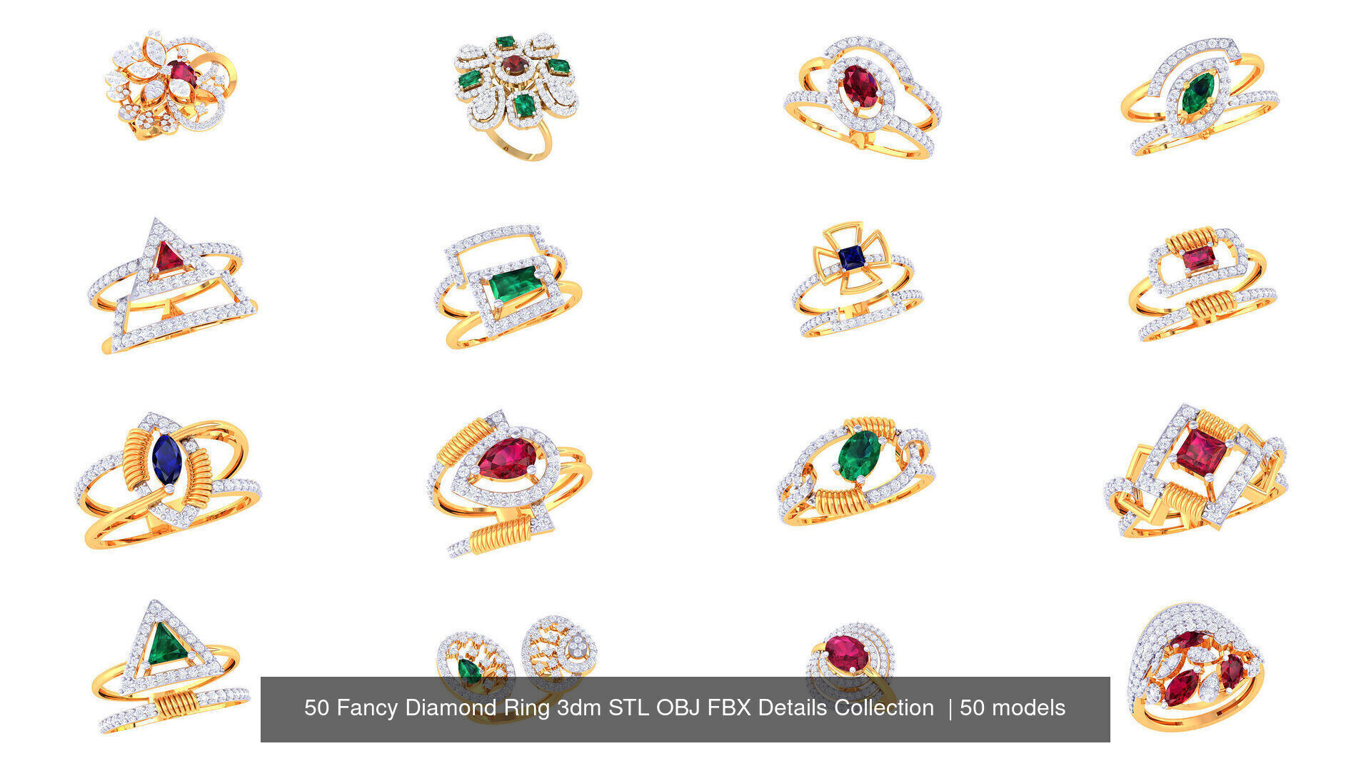 50 Fancy Diamond Ring 3dm STL OBJ FBX Details Collection  _4