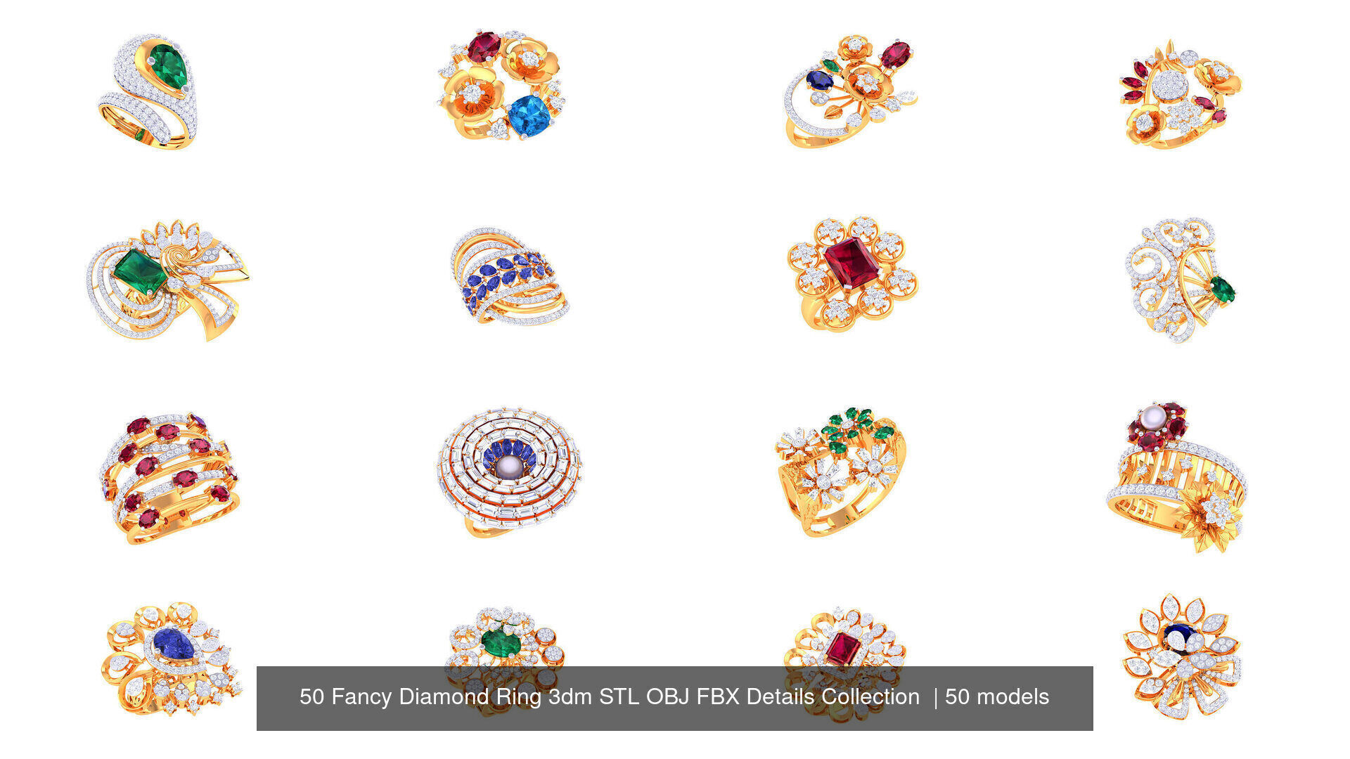 50 Fancy Diamond Ring 3dm STL OBJ FBX Details Collection  _2