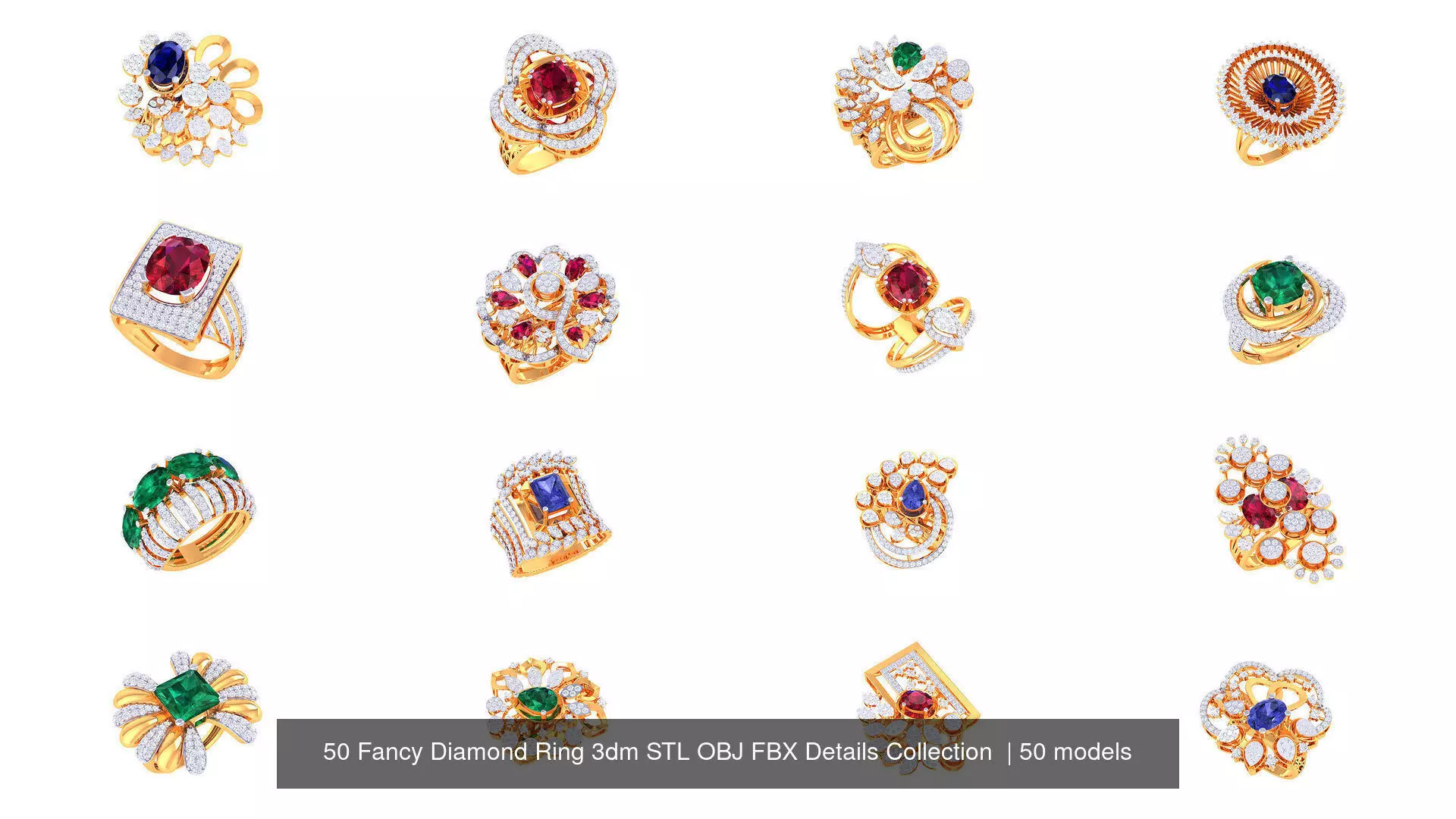50 Fancy Diamond Ring 3dm STL OBJ FBX Details Collection  _0