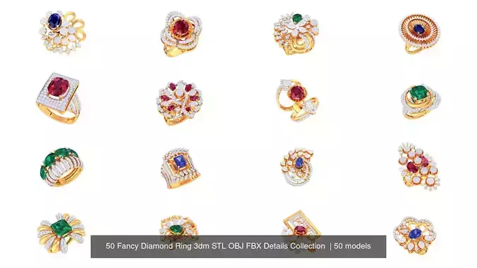 50 Fancy Diamond Ring 3dm STL OBJ FBX Details Collection  