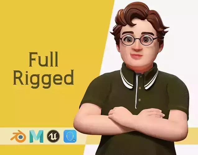 Nerdy Guy with Glasses and Curly Hair Stylized 3D Low-poly 3D model