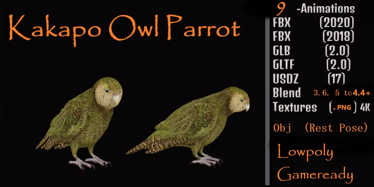 Kakapo Owl Parrot Bird Low-poly 3D model