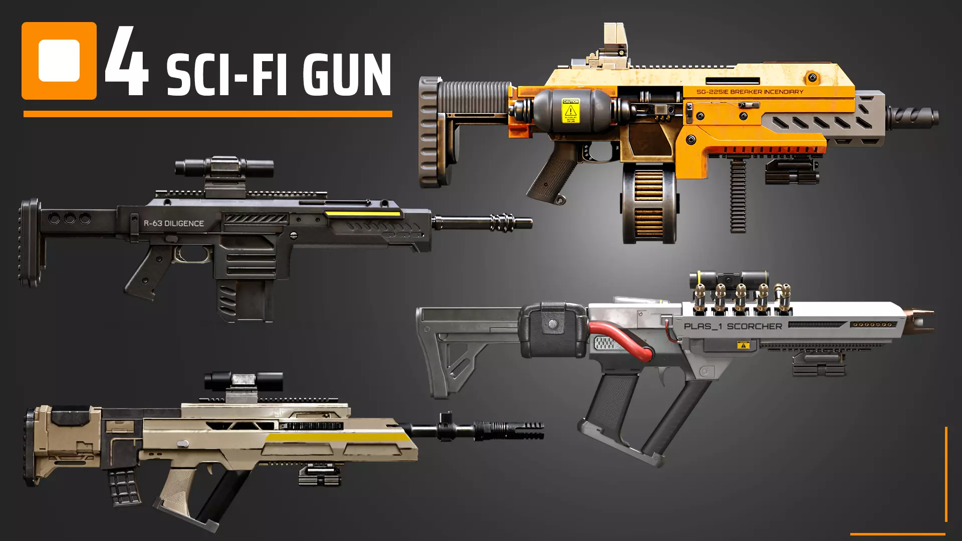 4 Sci-Fi Weapons 3D model_0