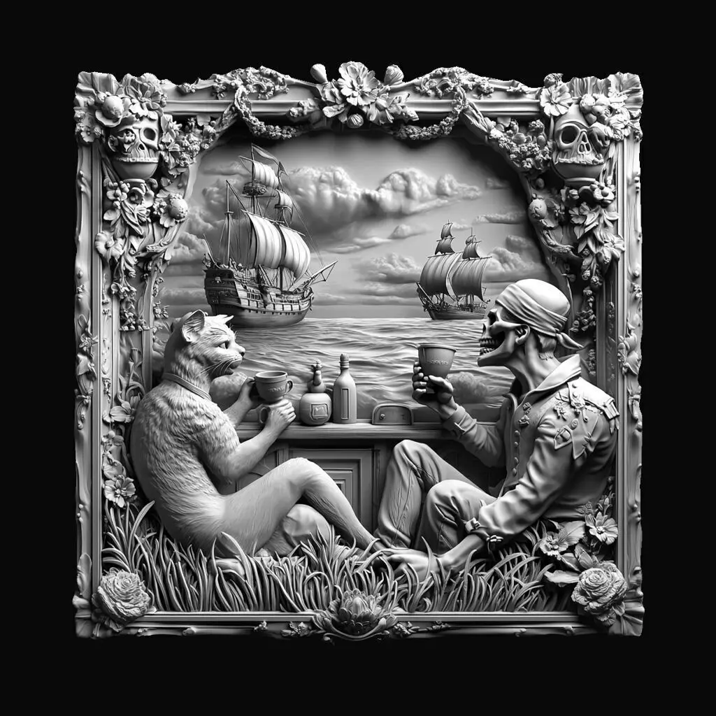 Fantasy Pirate Bar Relief Cat and Skeleton Drinking Coffee 3D print model