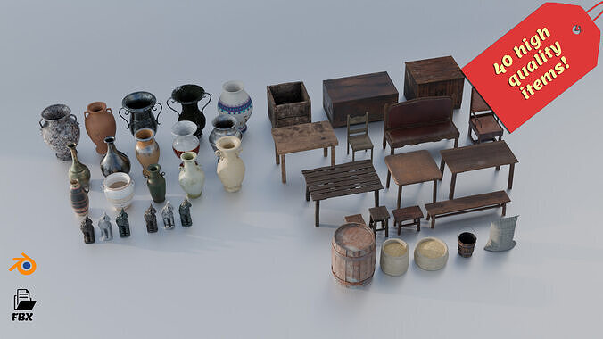 Antique Asset Pack - 40 Items Blender and FBX  3D model