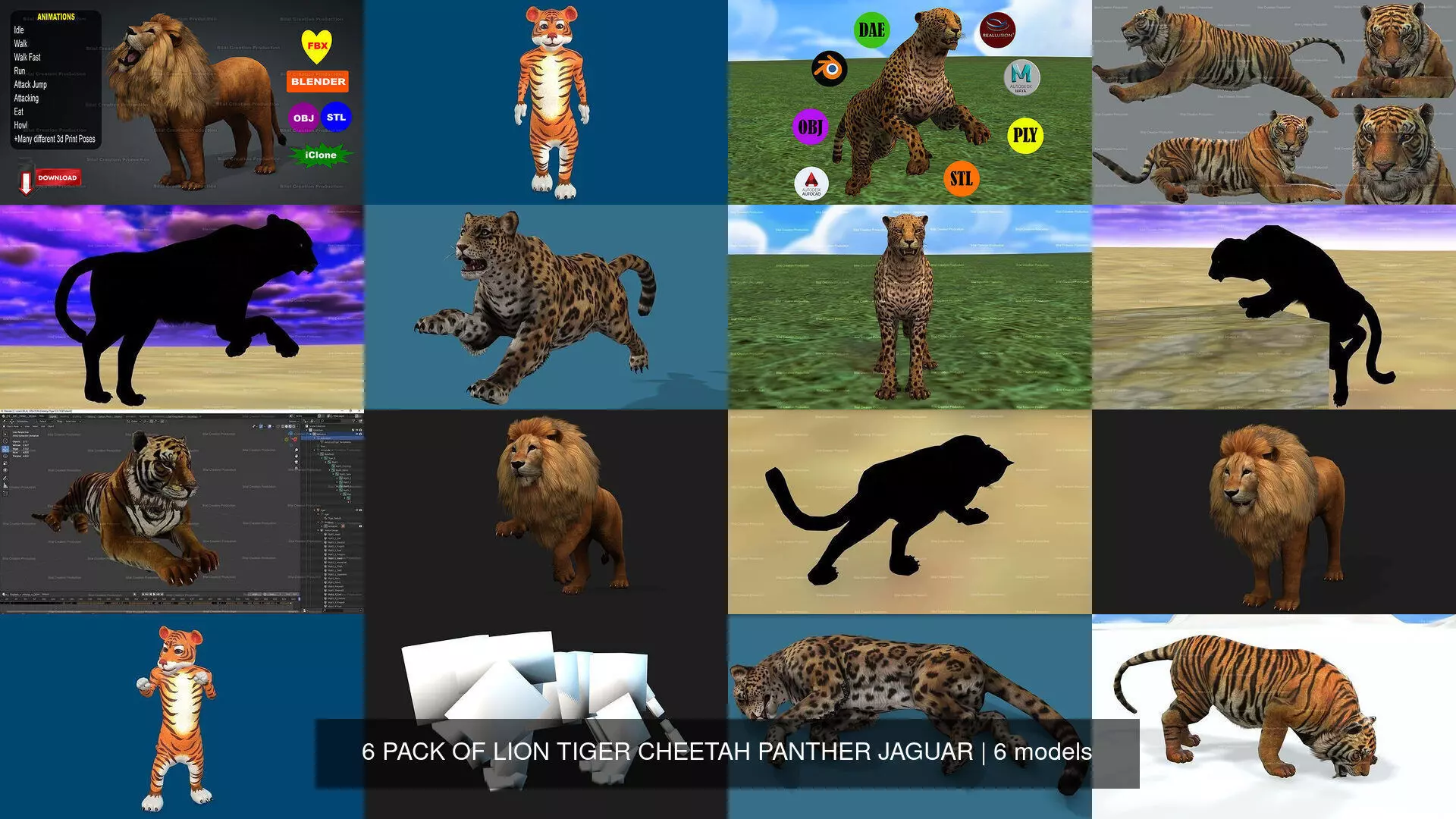 6 PACK OF LION TIGER CHEETAH PANTHER JAGUAR 3D Model Collection_0