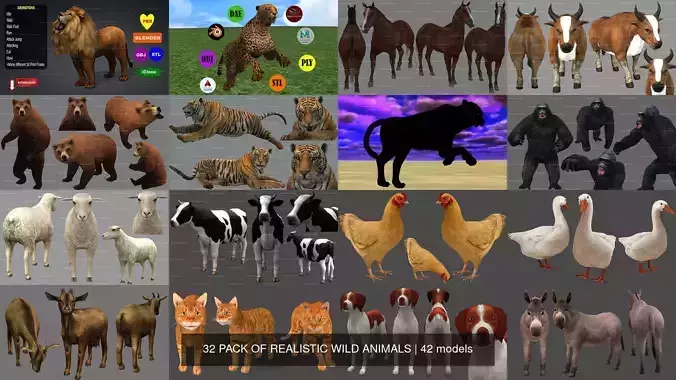 32 PACK OF REALISTIC WILD ANIMALS 3D Model Collection