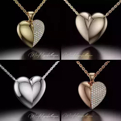 Gold Heart Pendant Necklace with Diamond Pave 3D print model