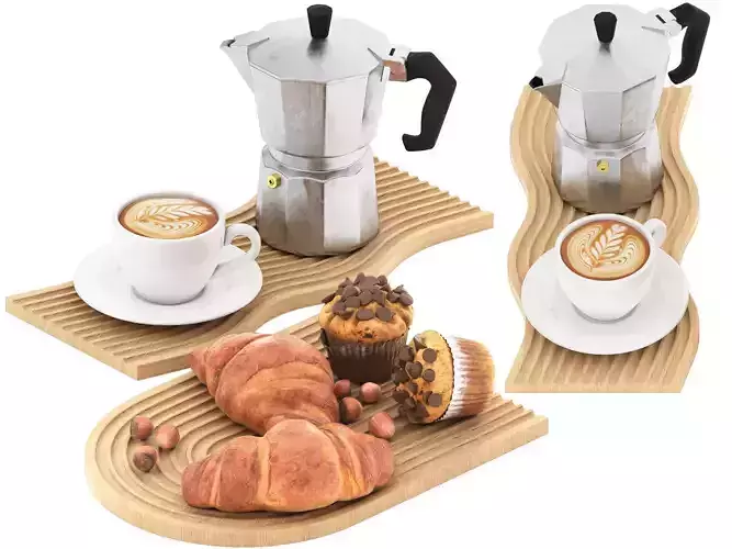 ripple wooden tray of coffee cakes and croissants