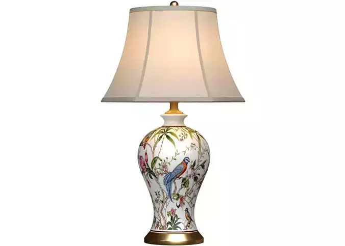 Chinese Flower and Birds Ceramic Nightstand Asian Table Lamp 3D model