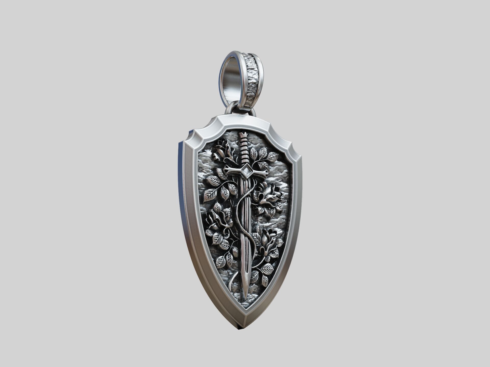 Shield sword flowers pendant 3D print model_3
