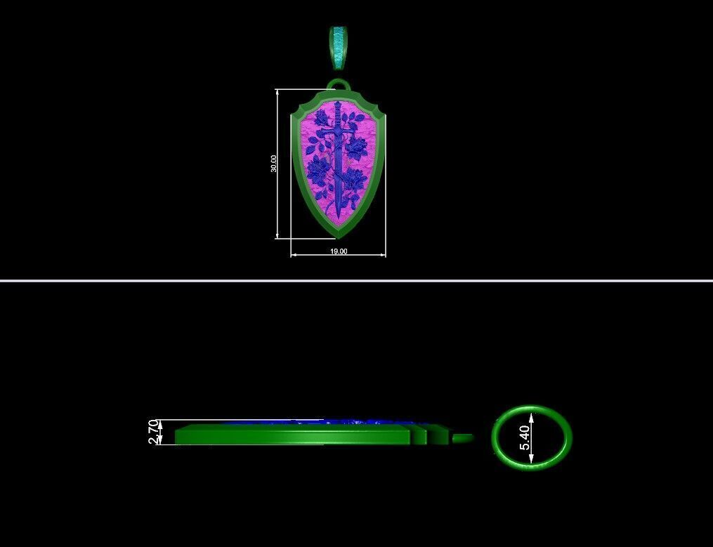 Shield sword flowers pendant 3D print model_5