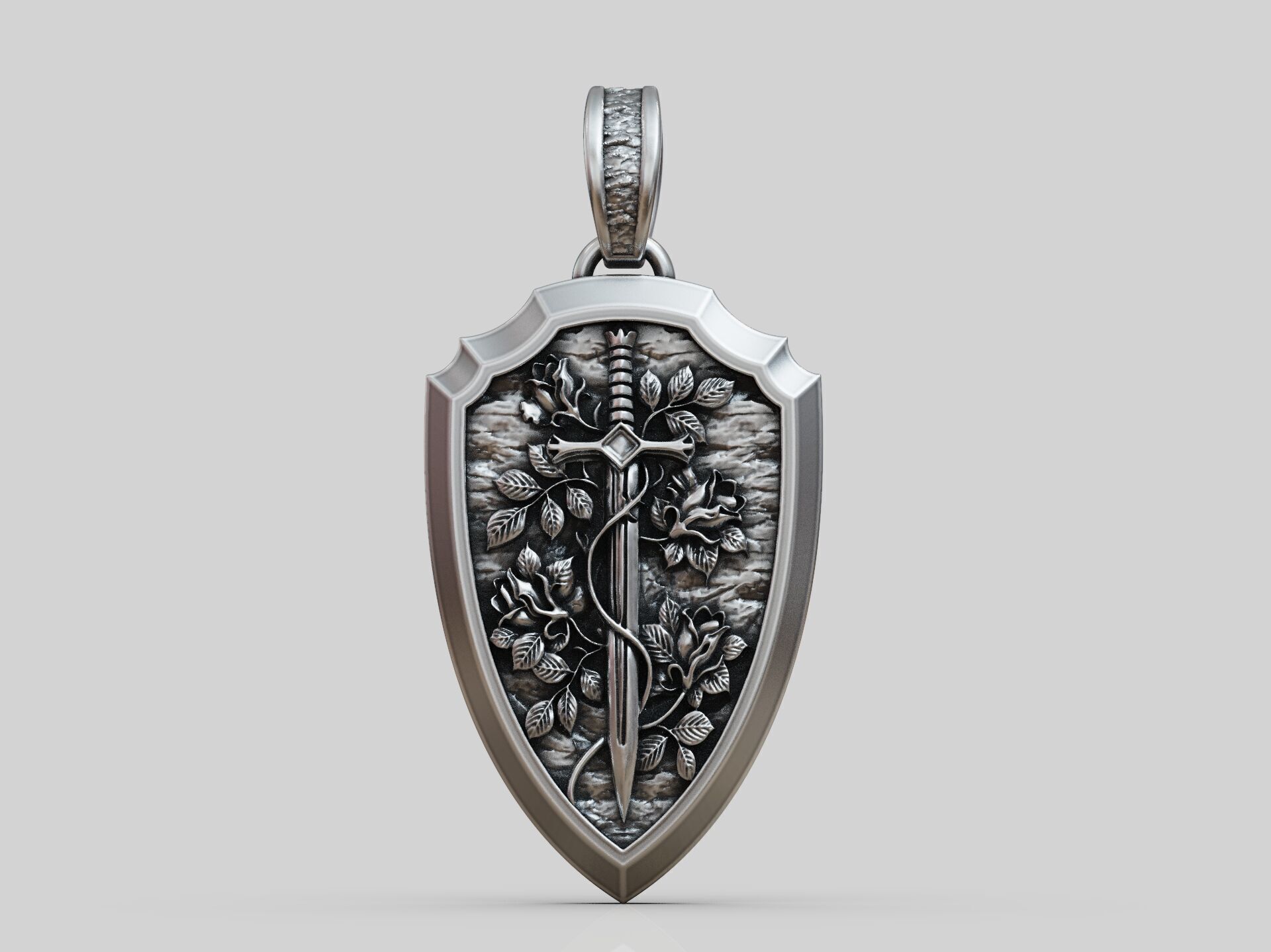 Shield sword flowers pendant 3D print model_2