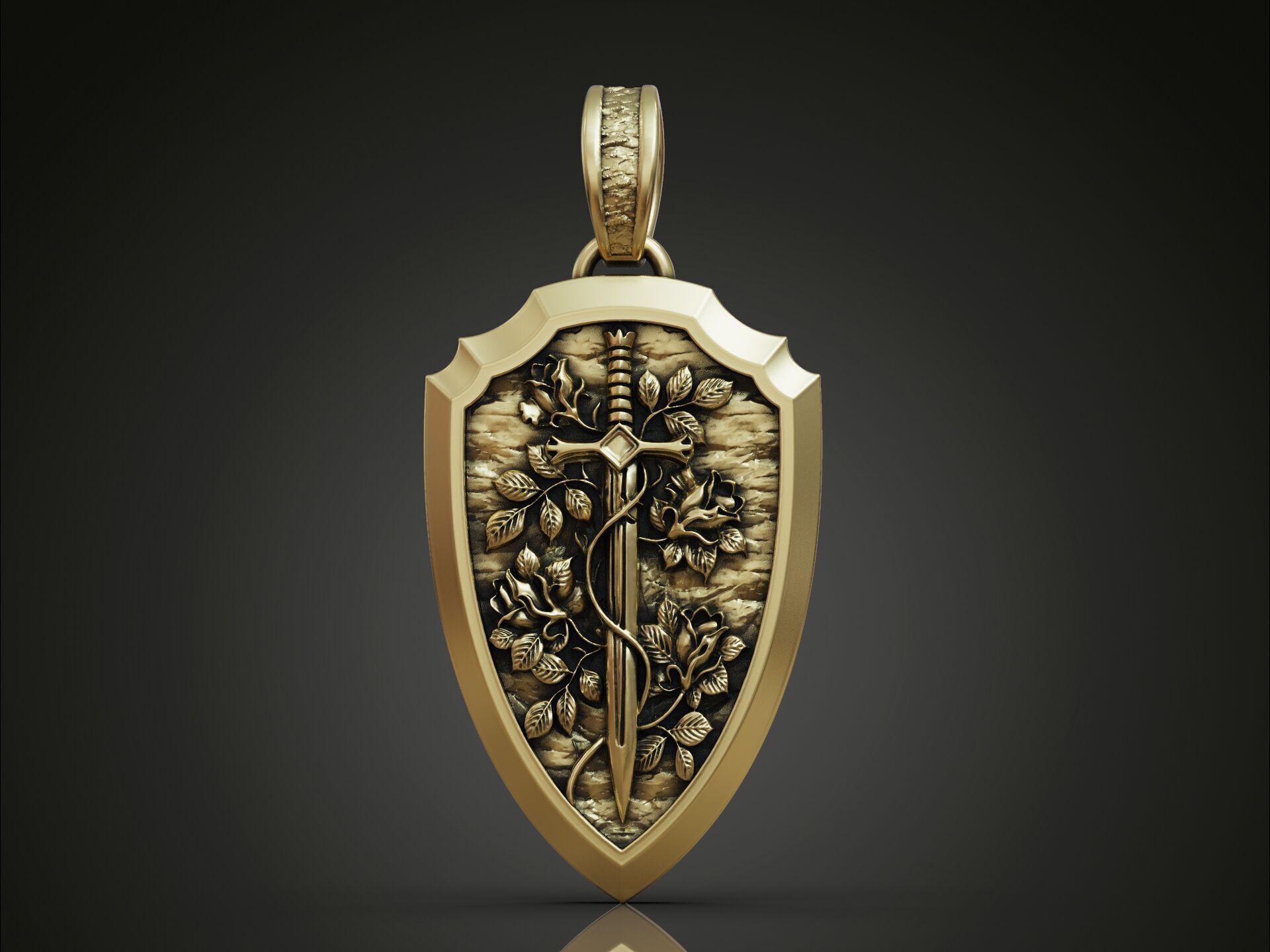 Shield sword flowers pendant 3D print model_1