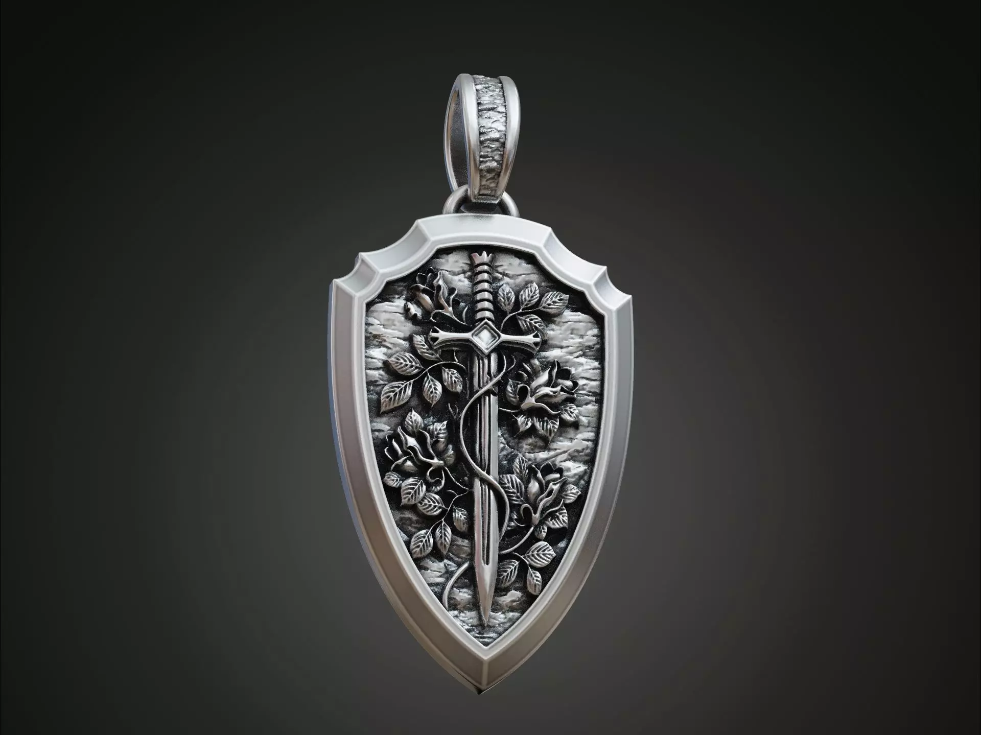 Shield sword flowers pendant 3D print model_0