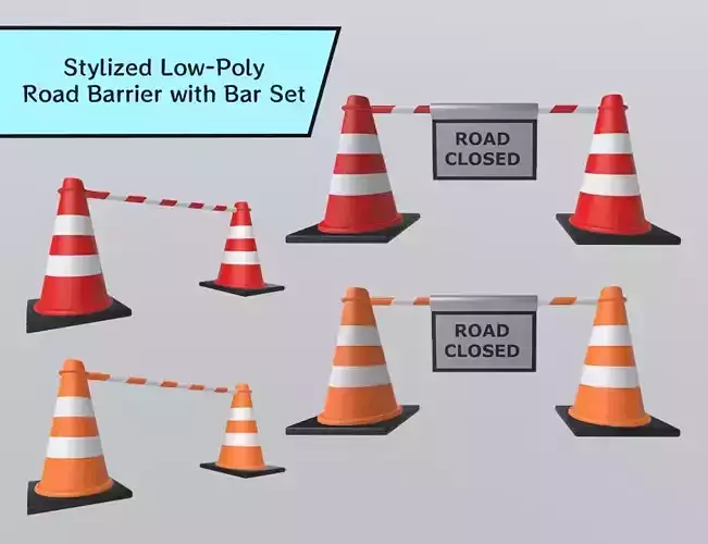 Stylized Low-Poly Road Barrier with Bar Set