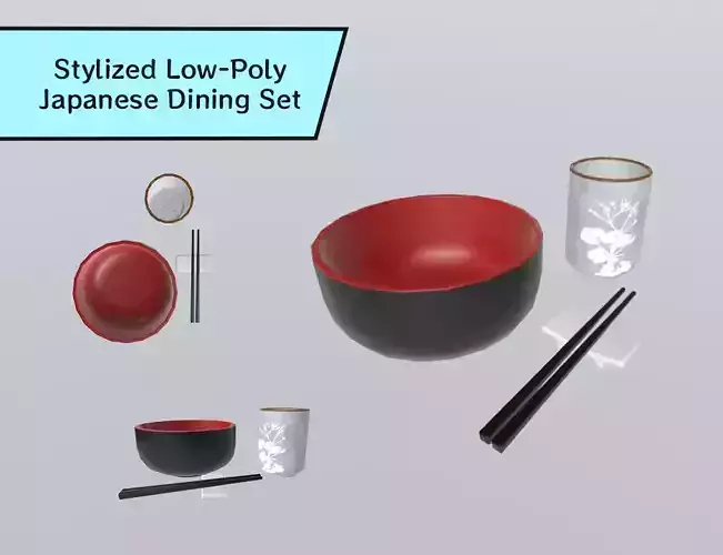 Stylized Low-Poly Japanese Dining Set 