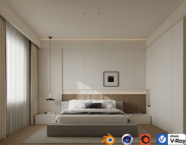 Minimalist Cream Bedroom with Platform Bed 012 3D model