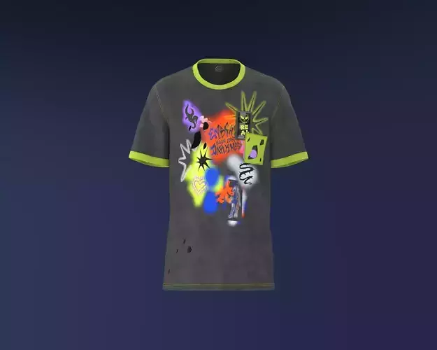 Mens T-shirt with ghosty graphic black and neon
