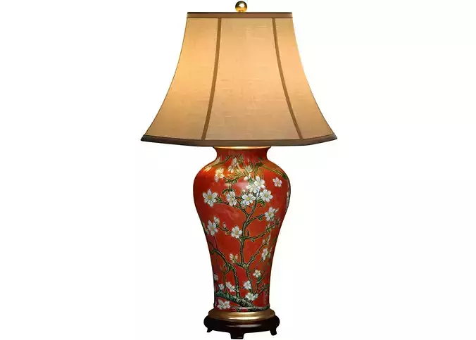 Large Oriental Painted Red Ceramic Nightstand Chinese Table Lamp