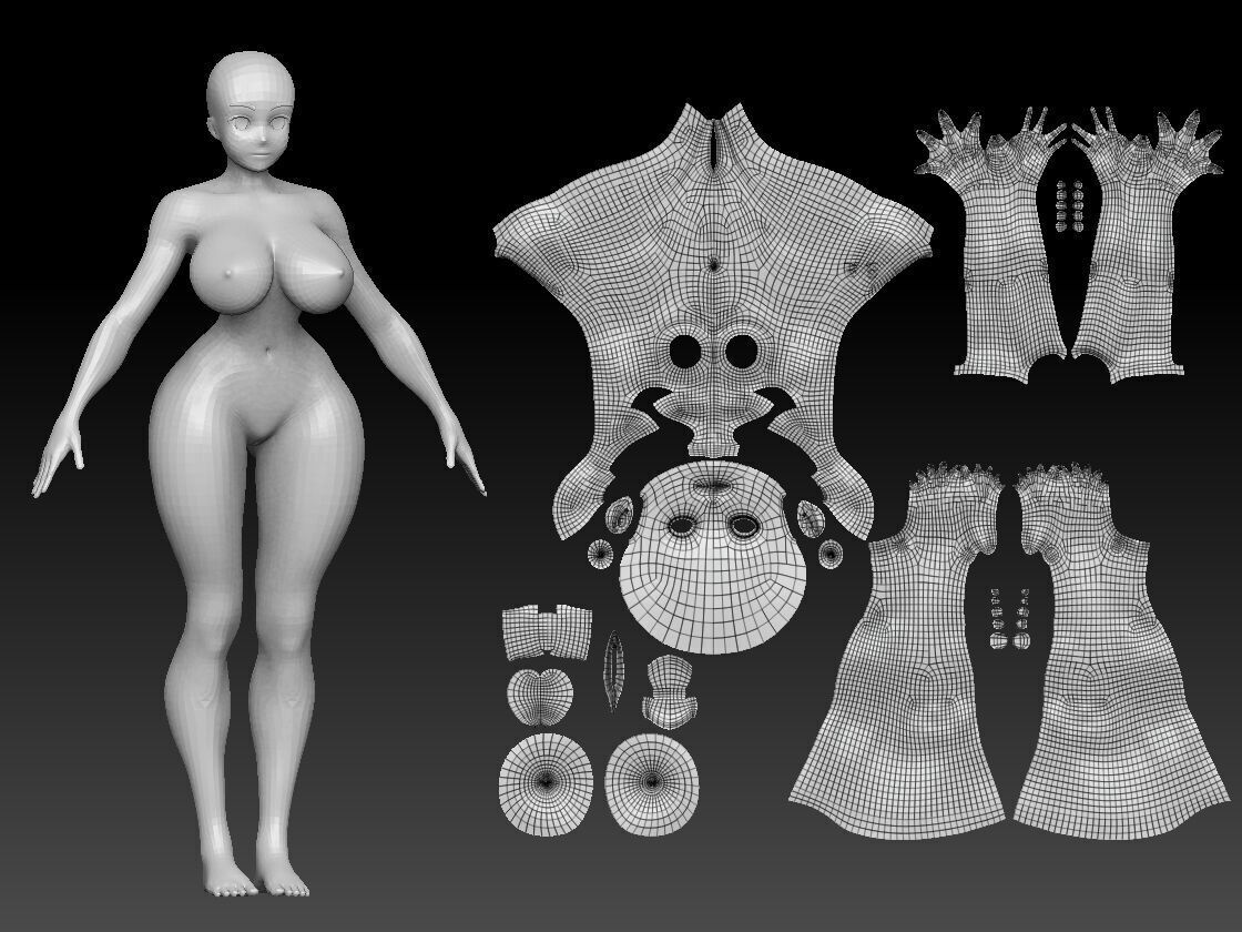 Busty Anime Base Mesh  High-Quality Stylized Female Model 3D model_1