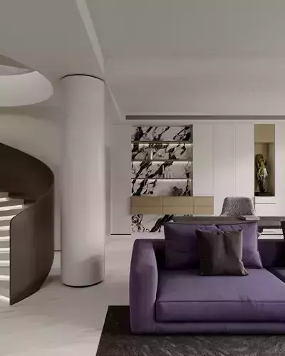 Modern living room dining room and kitchen scene 