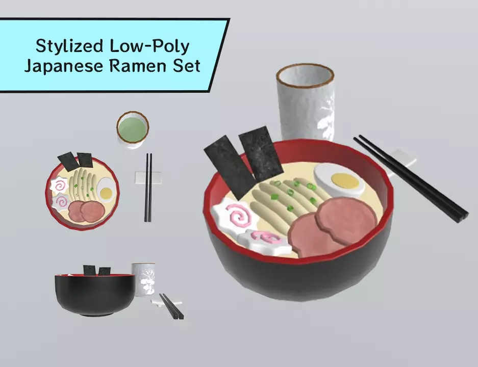 Stylized Low-Poly Japanese Ramen Set Low-poly 3D model