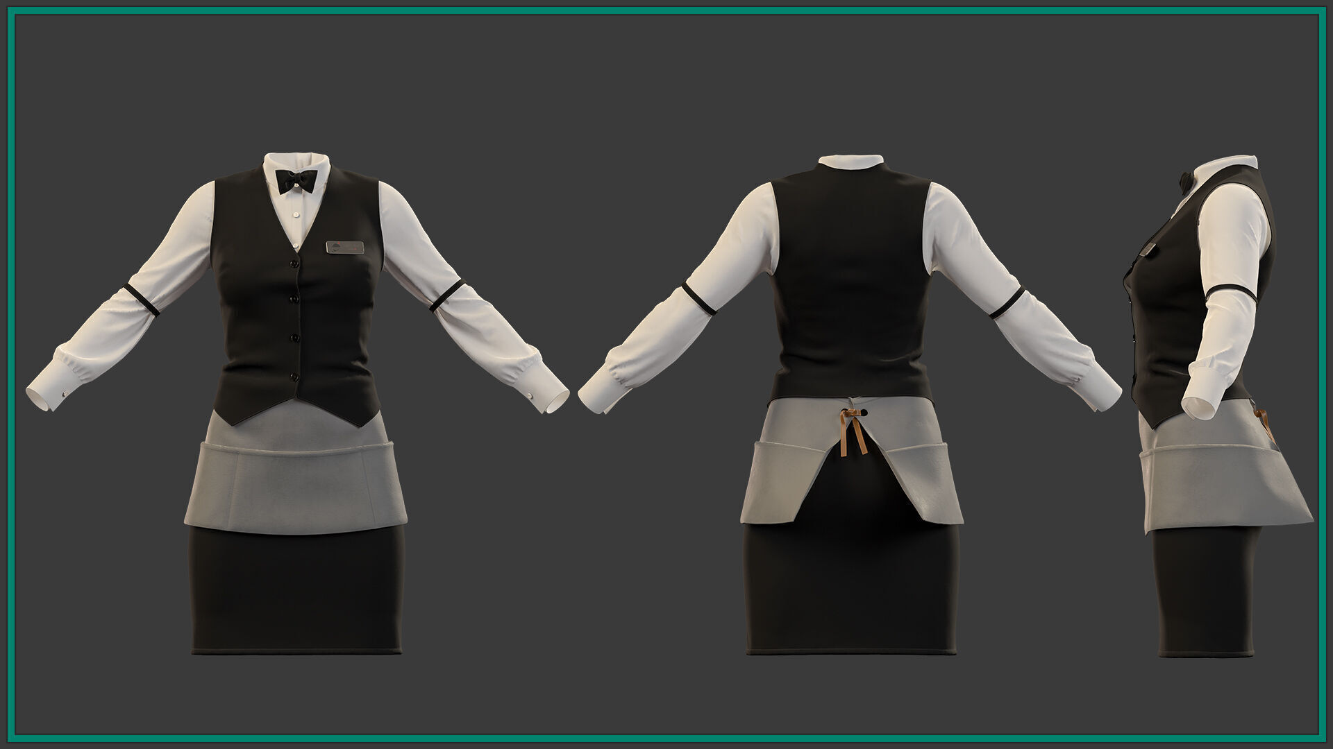 female waiter uniform with texture 3D model_1