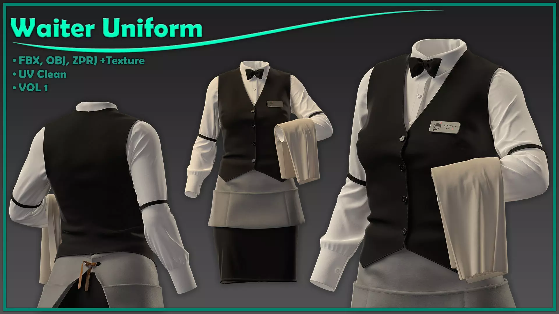 female waiter uniform with texture 3D model_0