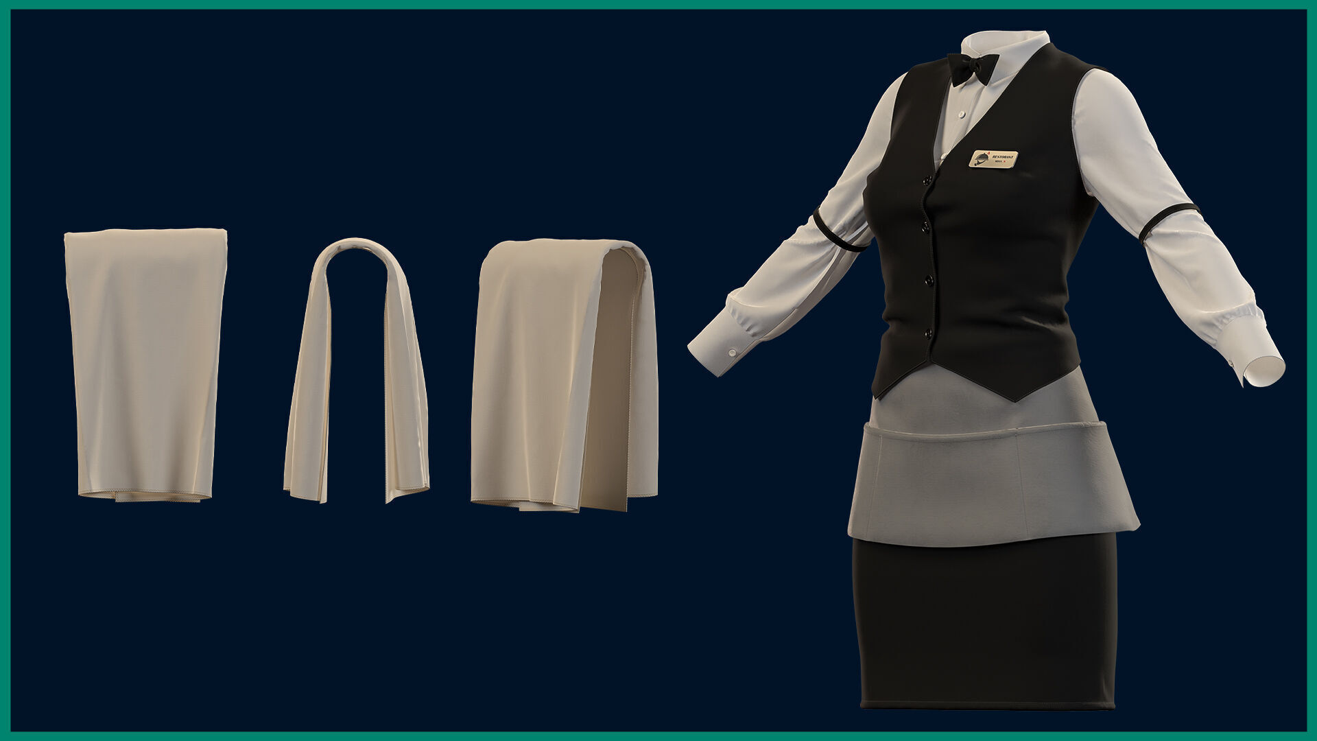 female waiter uniform with texture 3D model_3