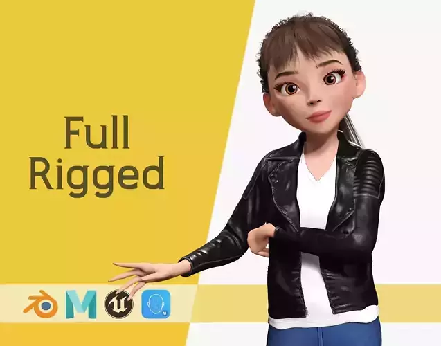 Trendy Girl with Leather Jacket Stylized 3D Female Character Low-poly 3D model