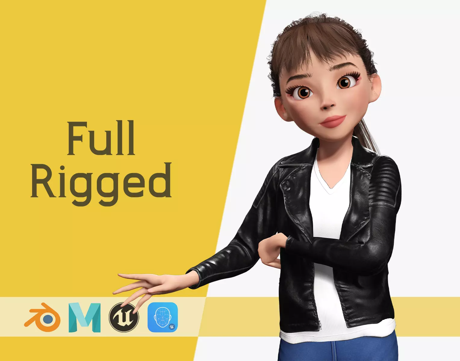 Trendy Girl with Leather Jacket Stylized 3D Female Character Low-poly 3D model_0
