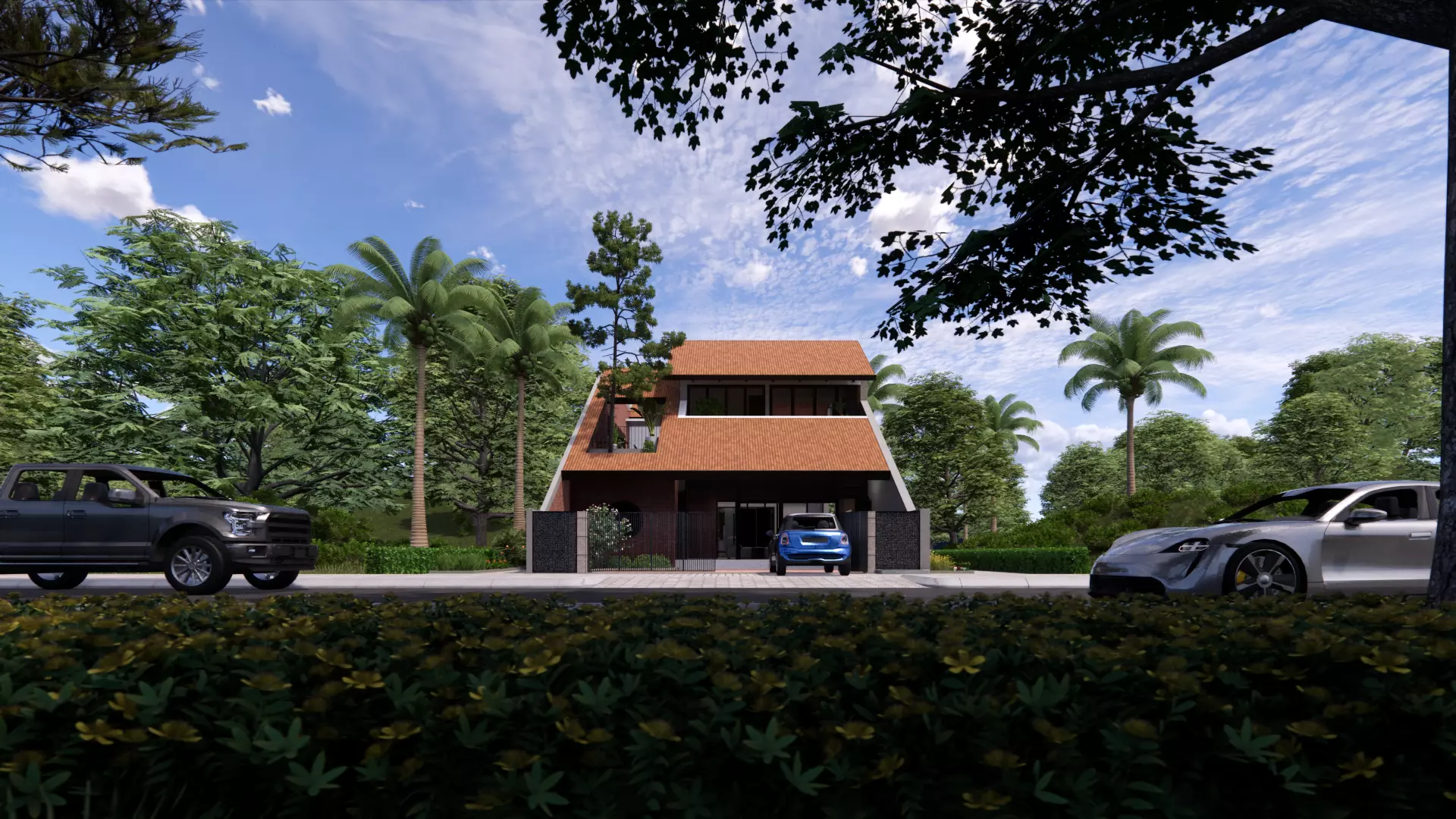 Tropical Modern House Interior and Exterior 3D Scene Low-poly 3D model