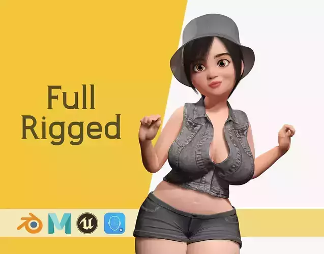 Curvy Girl in Denim Outfit Rigged  Stylized 3D Female Character Low-poly 3D model