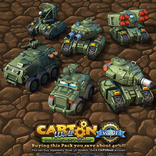 6 Low-Res Cartoon Ground Units Low-poly 3D model