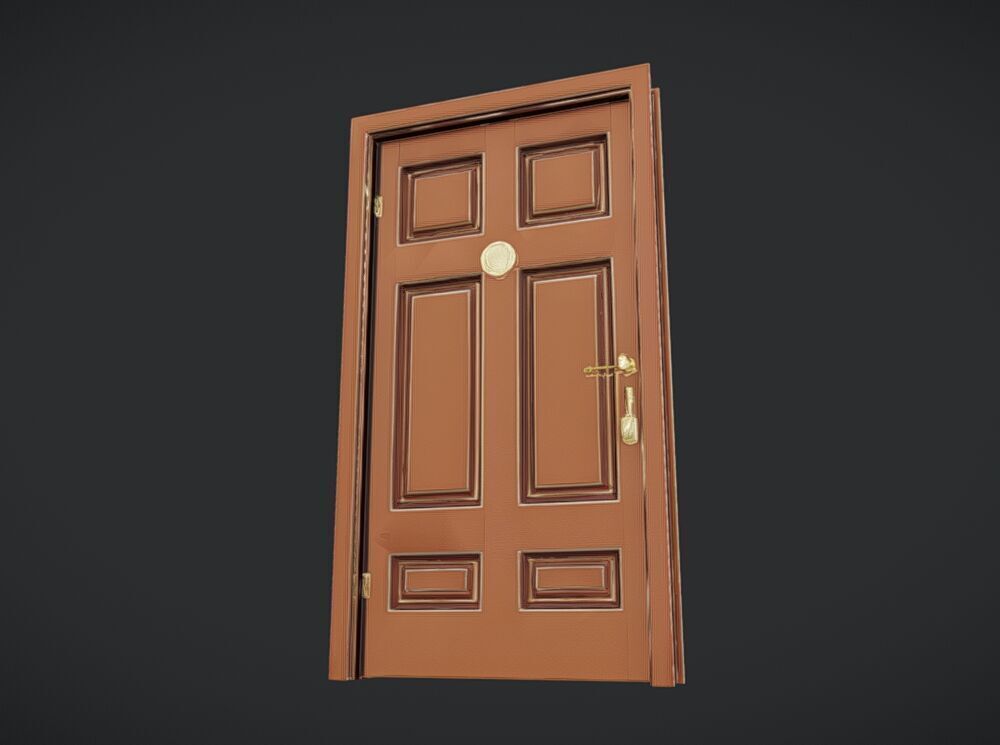 Wooden door with brass fixtures 3D model_2