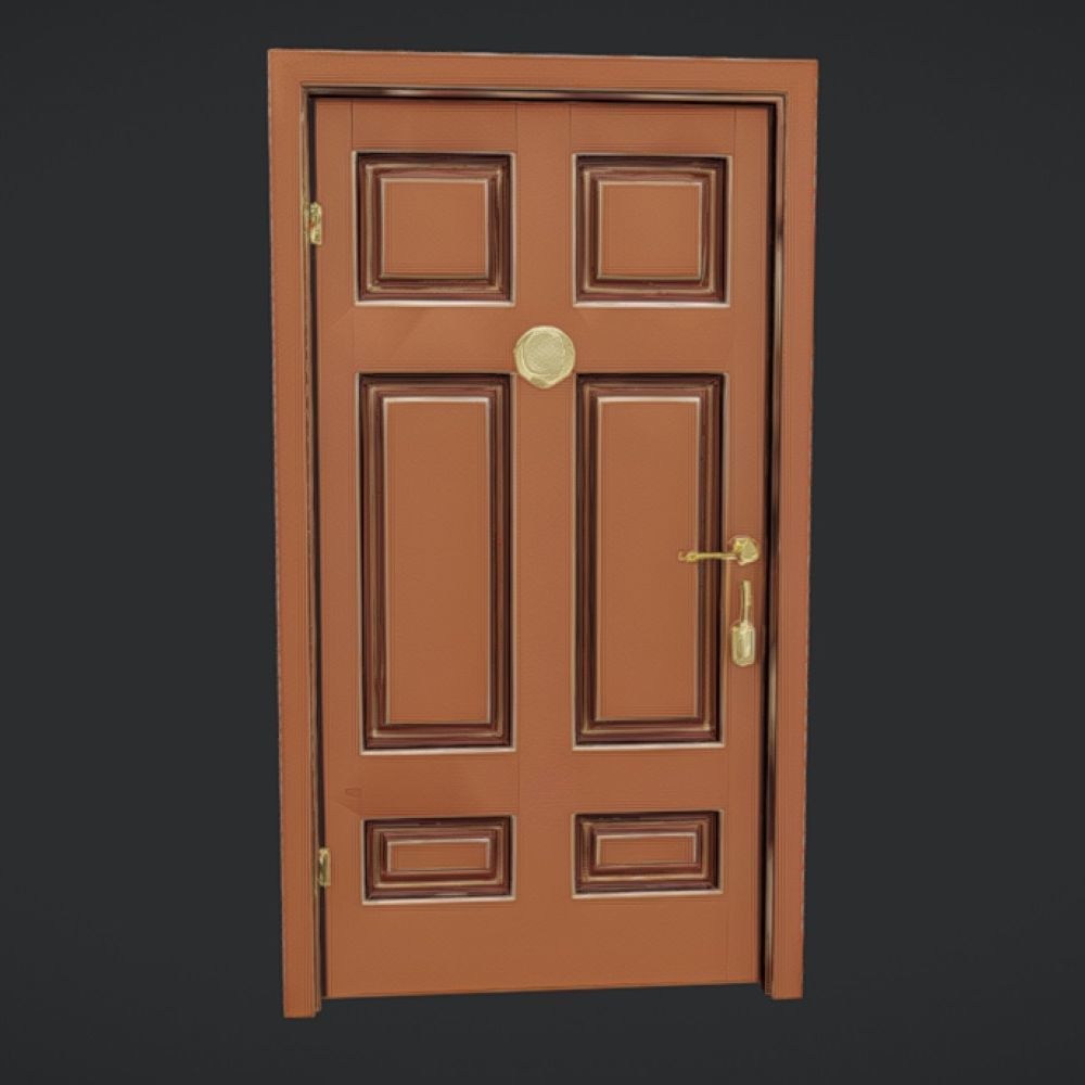 Wooden door with brass fixtures 3D model_1