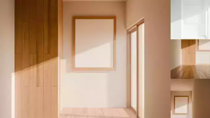 Room with wooden door and white frame
