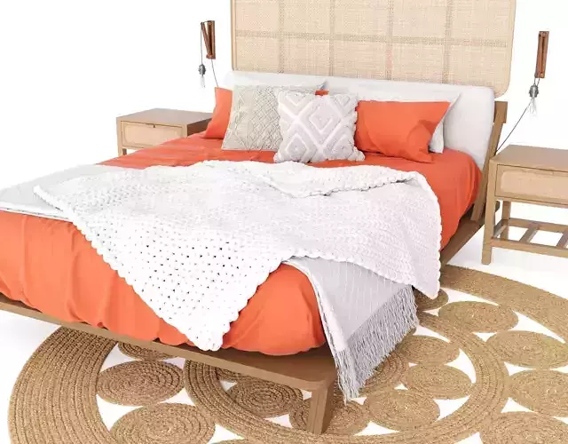 Bohemian Bedroom - Bed With Knitted Blanket 3D model